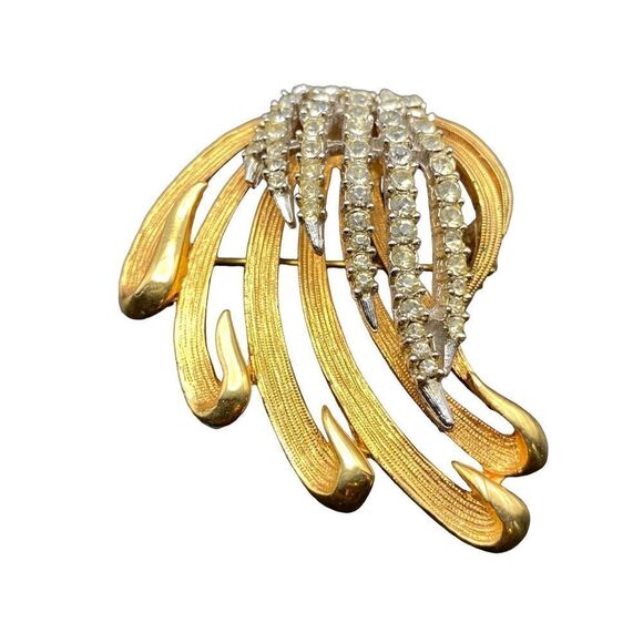 Vintage Gold tone rhinestone floral wispy pin brooch strong clasp - Picture 4 of 8